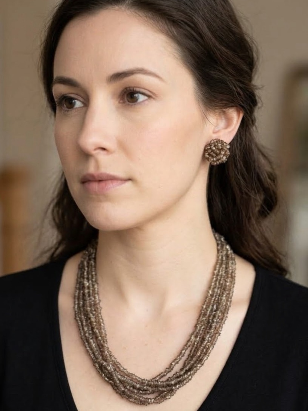Vintage Multi-Strand Beaded Necklace and Clip Earrings Set
